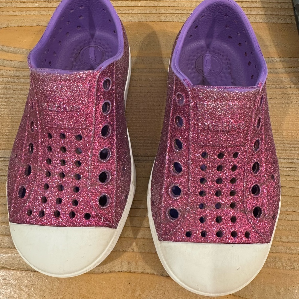 Native purple sparkly shoes, size C7